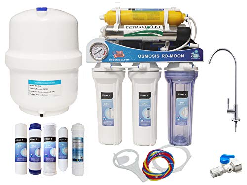 Depurtek | MOON75 UV 7-Stufen Umkehrosmoseanlage | 75 GPD Membran | Mit Ultraviolettfilter | Überlastpumpe und Manometer | Remineralisierung | Wasserhahn und 12 Liter Behälter von Depuragua