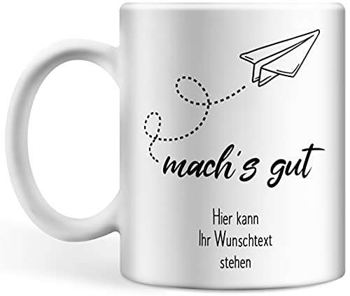 Deqosy Abschied Tasse personalisiert mit eigenem Wunschtext, Keramiktasse mit C-förmigem Henkel, 330ml, Mach's gut, Tasse Abschied Kollegin von Deqosy