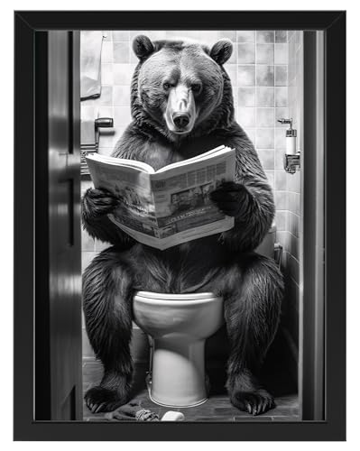 Bär auf WC, Poster 30cm x 40cm mit Rahmen, Toilette Badezimmer Deko, Wand-Deko Bilder Lustiges Geschenk von Deqosy