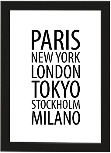 Deqosy Poster DIN A4 Fashion Cities, gerahmt mit schwarzem Bilderrahmen, Geschenk, Geschenkidee, Geburtstagsgeschenk, Poster mit Rahmen, Kunstdruck, Typographie (Fashion Cities) von Deqosy