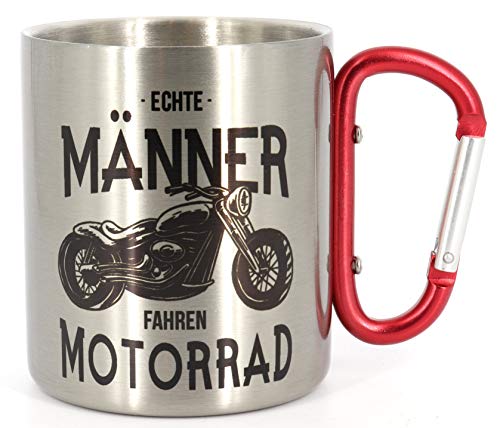 Edelstahltasse mit Karabiner Echte Männer Fahren Motorrad, Blechtasse, Outdoor, Becher, Metall-Tasse, Campingbecher, Karabinerhaken von Deqosy