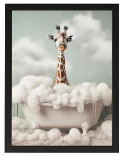 Giraffe in Badewanne, Poster 30cm x 40cm mit Rahmen, Toilette Badezimmer Deko Bild, Wand-Deko Bilder Lustiges Geschenk von Deqosy