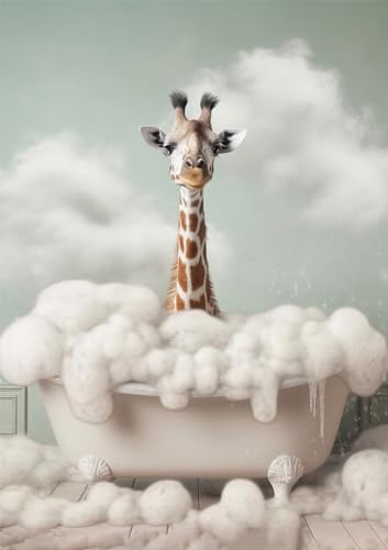 Giraffe in Badewanne, Poster DIN A4 ohne Rahmen, Toilette Badezimmer Deko Bild, Wand-Deko Bilder Lustiges Geschenk von Deqosy