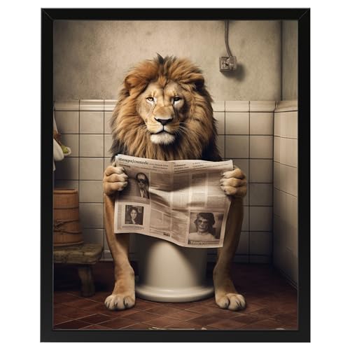 Löwe auf WC, Poster 40cm x 50cm mit Rahmen, Toilette Badezimmer Deko Bild, Wand-Deko Bilder Lustiges Geschenk von Deqosy