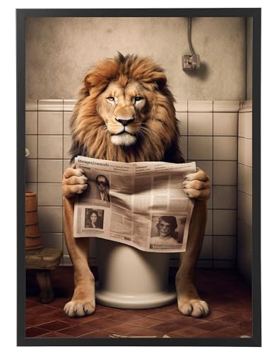 Löwe auf WC, Poster 50cm x 70cm mit Rahmen, Toilette Badezimmer Deko Bild, Wand-Deko Bilder Lustiges Geschenk von Deqosy