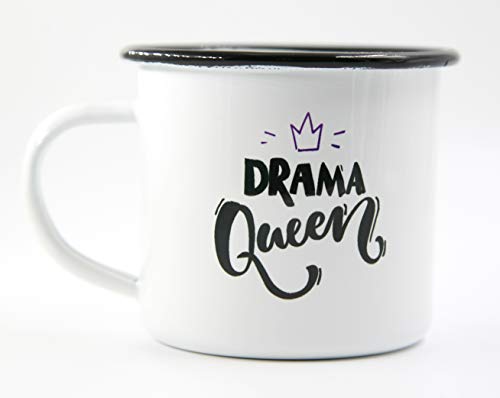 PICSonPAPER Emaille Tasse Spruch Drama Queen, Geschenk, Edelstahl-Becher, Metall-Tasse, Campingbecher, Kaffeetasse von Deqosy