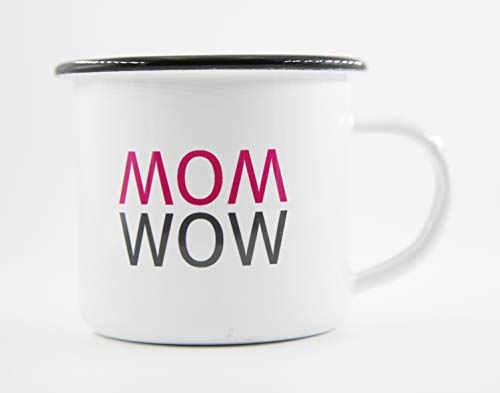 PICSonPAPER Emaille Tasse mit Spruch MOM - Wow, Geschenk, Edelstahl-Becher, Metall-Tasse, Muttertagsgeschenk von Deqosy