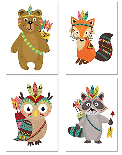 PICSonPAPER Kinder Poster 4er-Set Indianer, ungerahmt 40 cm x 50 cm, Dekoration fürs Kinderzimmer, Babyzimmer, Kinderposter, Babyposter, Kunstdruck, Wandbild, Geschenk (Ohne Rahmen 40 x 50) von PICSonPAPER