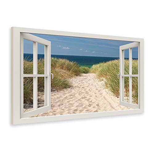 PICSonPAPER Leinwandbild Fensterblick zum Strand, 70 cm x 50 cm, Dekoration, Kunstdruck, Wandbild, Geschenk, Leinwand Natur, Nordsee von PICSonPAPER