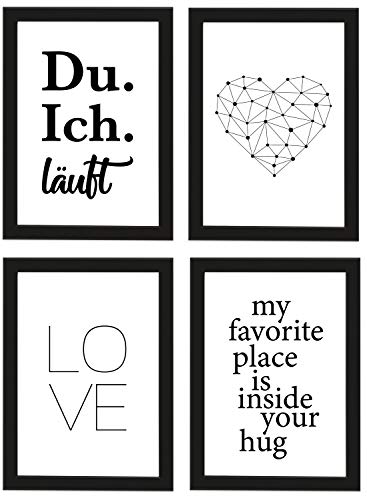 PICSonPAPER Poster 4er-Set Liebe, schwarz gerahmt DIN A4, Du ich läuft, Love, My Favorite Place is Inside Your Hug, Geometric Heart (Love, mit IKEA Fiskbo schwarz Rahmen) von Deqosy