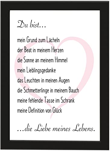 PICSonPAPER Poster DIN A4 Du bis die Liebe meines Lebens, gerahmt mit schwarzem Bilderrahmen, Valentinstagsgeschenk für Sie und Ihn (unpersonalisiert) von Deqosy