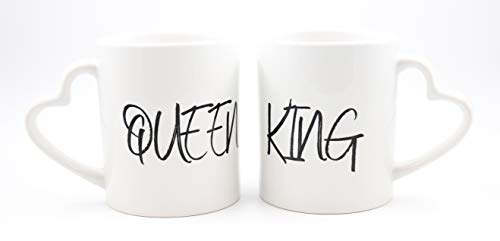 PICSonPAPER Zwei Tassen mit Herzhenkel King & Queen, Kaffeetasse, Keramiktasse, Tasse mit lustigem Spruch, Hochzeitsgeschenk, Partnertassen von Deqosy