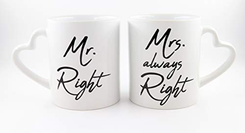 PICSonPAPER Zwei Tassen mit Herzhenkel Mr. Right & Mrs. Always Right, Kaffeetasse, Keramiktasse, Tasse mit lustigem Spruch, Hochzeitsgeschenk, Partnertassen von Deqosy