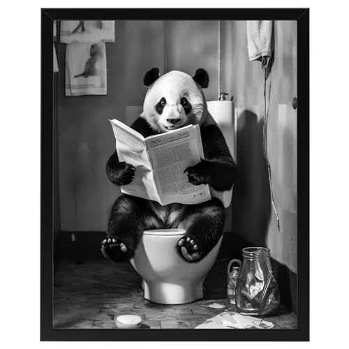 Panda auf WC, Poster 40cm x 50cm mit Rahmen, Toilette Badezimmer Deko Bild, Wand-Deko Bilder Lustiges Geschenk von Deqosy