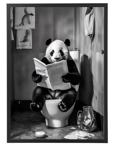 Panda auf WC, Poster 50cm x 70cm mit Rahmen, Toilette Badezimmer Deko Bild, Wand-Deko Bilder Lustiges Geschenk von Deqosy