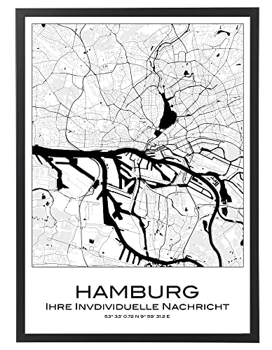 Personalisierbares Hamburg Poster schwarz gerahmt oder als Leinwandbild, Modernes Wandbild, Dekoration Geschenkidee Städtetrip (Hamburg) von Deqosy