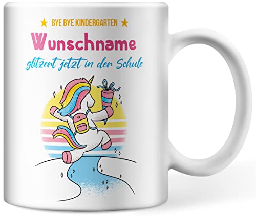 Tasse personalisiert mit Namen, Bye Bye Kindergarten Wunschname glitzert jetzt in der Schule, Einhorntasse persönliche Geschenke zur Einschulung von Deqosy