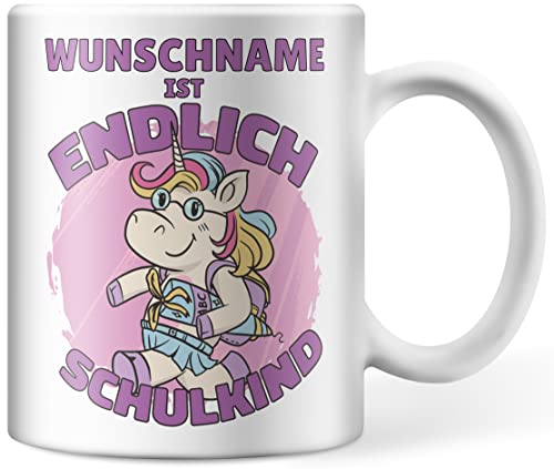 Tasse personalisiert mit Namen, Wunschname ist endlich Schulkind, persönliche Geschenke zur Einschulung, Einhorn Namenstasse von Deqosy