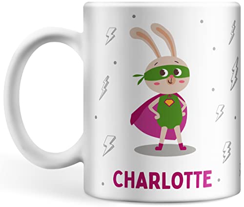 Tasse personalisiert mit Namen Superheld für Kinder Namentasse Kindertasse für Mädchen und Jungs Geschenktasse Spruchtasse Keramik mit Druck Kinder Tasse (Hase) von Deqosy