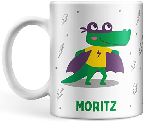 Tasse personalisiert mit Namen Superheld für Kinder Namentasse Kindertasse für Mädchen und Jungs Geschenktasse Spruchtasse Keramik mit Druck Kinder Tasse (Krokodil) von Deqosy