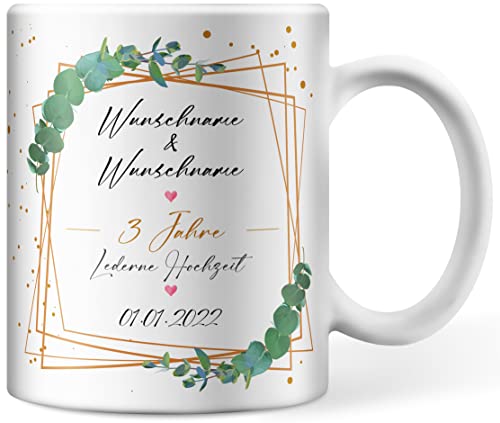 Tasse personalisiert mit Namen und Datum zum Hochzeitstag, Lederne Hochzeit 3 Jahre verheiratet, Ehe Jubiläum Kaffeetasse selbst gestalten (3 Jahre - Lederne Hochzeit) von Deqosy