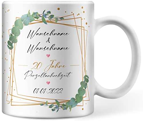 Tasse personalisiert mit Namen und Datum zum Hochzeitstag, Porzellanhochzeit 20 Jahre verheiratet, Ehe Jubiläum Kaffeetasse selbst gestalten (20 Jahre - Porzellanhochzeit) von Deqosy