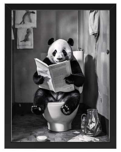 Panda auf WC, Poster 30cm x 40cm mit Rahmen, Toilette Badezimmer Deko Bild, Wand-Deko Bilder Lustiges Geschenk von Deqosy