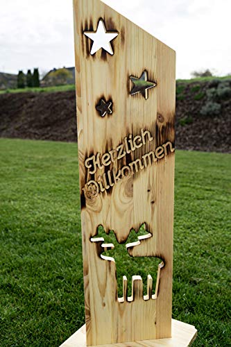 Holz Deko Schild geflammt Herzlich Willkommen Wintermotiv NR22 Elch Winterzeit Türschild von Der Einschneider