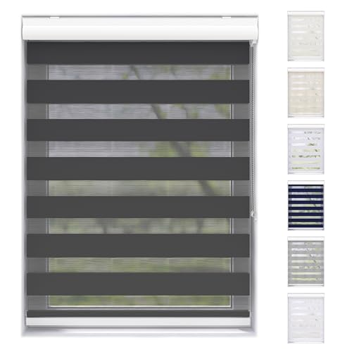 EFIXS Doppelrollo mit Kassette Montage Wand/Decke mit Bohren Breiten: 40-220, Höhe: bis 240 Hier: BxH (210 x 175) cm (Schwarz) Premium Duorollo, oder ohne Bohren mit Klemmhalter am PVC-Fenster von Der Jalousienladen
