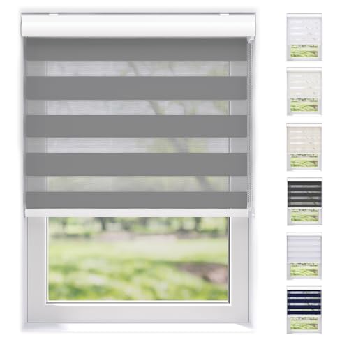 EFIXS Doppelrollo mit Kassette Montage Wand/Decke mit Bohren Breiten: 40-220, Höhe: bis 240 Hier: BxH (130 x 175) cm (Grau) Premium Duorollo, oder ohne Bohren mit Klemmhalter am PVC-Fenster von Der Jalousienladen