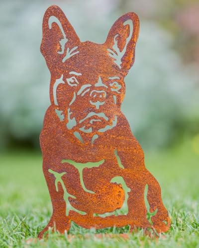 Der-Porzellan-Laden Bullterrier Metallfigur sitzend auf Platte, detailreiche Gartenskulptur in edler Rostoptik, 30x22 cm, witterungsbeständig für Innen & Außen von Der-Porzellan-Laden