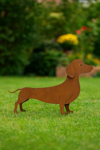 Der-Porzellan-Laden Dackelfigur Bodo auf Platte, Hund Gartendeko Rost Deko für draußen, Metall Dackel, 40x20 cm, witterungsbeständig & kunstvoller Edelrost-Look von Der-Porzellan-Laden