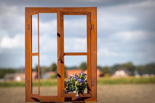 Der-Porzellan-Laden Deko-Fenster aus Metall mit Edelrost-Finish, 60 x 80 cm, perfekte Rost-Optik für Garten & Innenbereich, dekoratives Fenster auf Platte, langlebige und künstlerische Gestaltung von Der-Porzellan-Laden