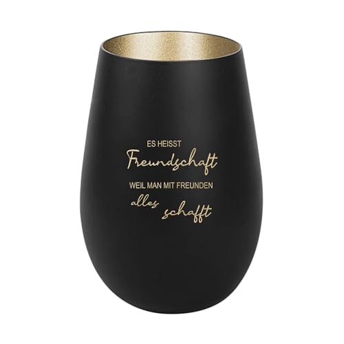 Der-Porzellan-Laden Windlicht mit Gravur Es heißt Freundschaft, Schwarz Gold, Teelichthalter aus Glas mit Spruch, Tischdeko modern von Der-Porzellan-Laden