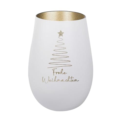 Der-Porzellan-Laden Windlicht mit Gravur Frohe Weihnachten Baum schlicht, Weiß Gold, Teelichthalter Weihnachten aus Glas, Weihnachtsdeko Tischdeko von Der-Porzellan-Laden