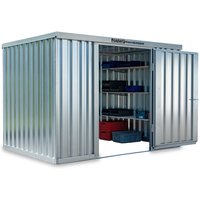 FLADAFI® Materialcontainer 12m², verzinkt, zerlegt, ohne Boden, Maße außen 6080x2170x2115 mm, Einzelflügeltür, mittig in Stirnseite von FLADAFI®