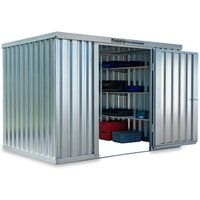 FLADAFI® Materialcontainer 6m², verzinkt, zerlegt, mit Holzfußboden, Maße außen 3050x2170x2150 mm, Doppelflügeltür (asymmetrische Teilung), mittig in Breitseite von FLADAFI®