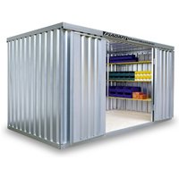 FLADAFI® Materialcontainer 8m², verzinkt, zerlegt, mit Holzfußboden, Maße außen 4050x2170x2150 mm, Doppelflügeltür (asymmetrische Teilung), mittig in Stirnseite von FLADAFI®