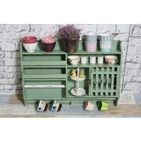 Shabby Holz Küchenregal Gewürzregal Mit Eierschränkchen Oliv Grün 60Er Jahre Vintage Landhaus von DerKleineShabbyLaden