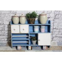 Shabby Holz Küchenregal Gewürzregal Mit Schubladen Pastell Blau 70Er Jahre Chic Vintage Möbel von DerKleineShabbyLaden