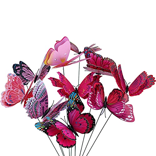 Derbway 10 Stück Gartendeko Schmetterlinge mit Metallaufkleber, Garten Schmetterlinge für Pflanzen Blumen Ornamente,Vase-Lila/Rosa Schmetterlinge von Derbway