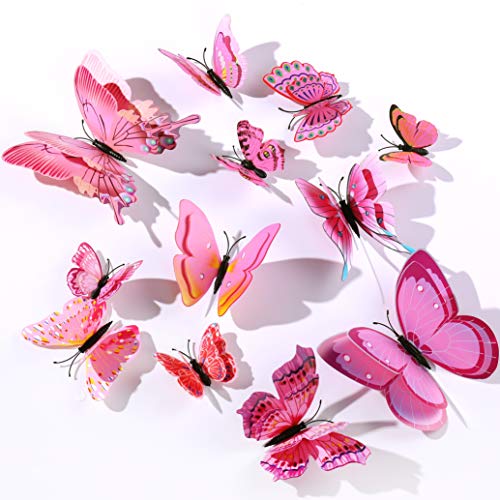 Derbway 12 Stück 3D Schmetterling Aufkleber Wandsticker,Wandtattoo Wanddeko für Kinderzimmer,Mädchenzimmer,Kühlschrank,Garten,Party(Rosa) von Derbway