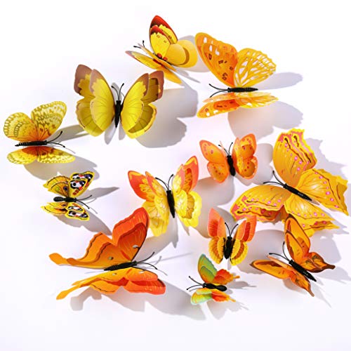 Derbway 12 Stück 3D Schmetterling Aufkleber Wandsticker,Wandtattoo Wanddeko für Kinderzimmer, Mädchenzimmer, Kühlschrank, Garten, Party- (Gelb) von Derbway