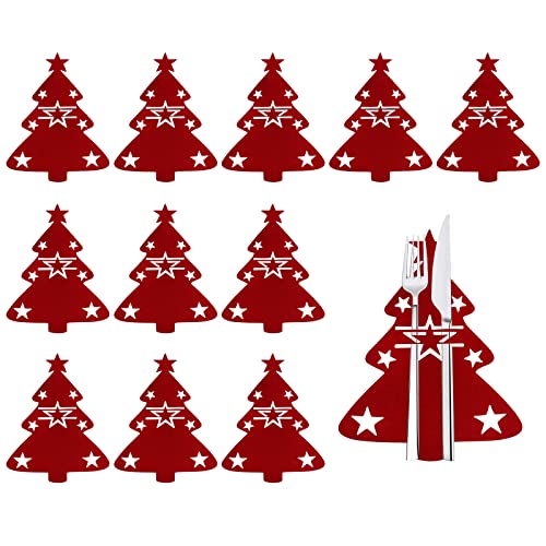 Dereine 12 Stück Weihnachtsbaum Besteckhalter, Bestecktasche Weihnachten, Besteckbeutel Weihnachten, Weihnachten Tischdeko für Besteck, Messer, Gabeln, Löffel von Dereine