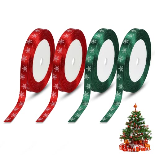 Dereine 4 Rolle Geschenkband Weihnachten,Schneeflocke Satinband Geschenkband Set,für Weihnachten Dekoration der Geschenkbox/Christbaumschmuck (A) von Dereine