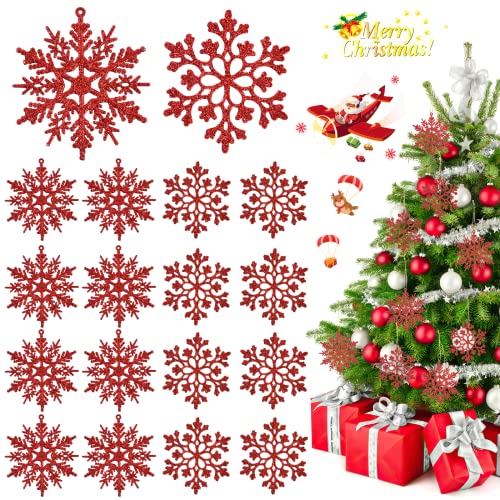 Schneeflocken Weihnachten Deko, 36PCS Weihnachten Glitter Schneeflocken, Christbaumschmuck Schneeflocken, Weihnachtsbaum Hängende Ornamente für Winter, Fenster, Raumdekoration(Rot) von Dereine