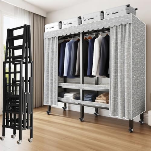 Dernoing 52cm W Mobiler kleiderschrank Metall, Stoffschrank Stabil mit Reißverschluss, Faltschrank mit Aufhängestange, Schlafzimmerschrank/Kleiderschrank Keller (Grey, 59.1x20.5x70.1in) von Dernoing