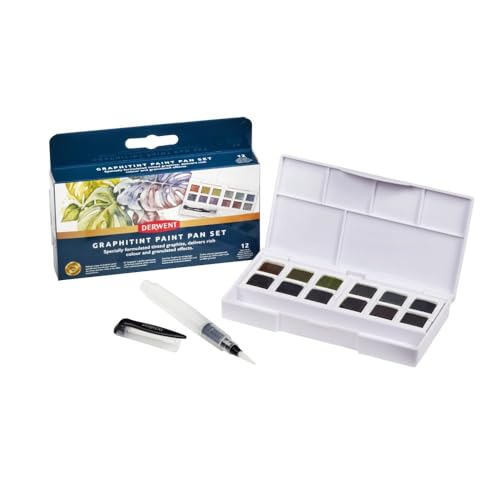 Derwent Graphitint Aquarellfarben-Set,12-teiliges Set, halbe Farbnäpfchen-Größe, wasserlöslich, ideal zum Malen von Landschaften, professionelle Qualität, Reisegröße, 2306242 von Derwent