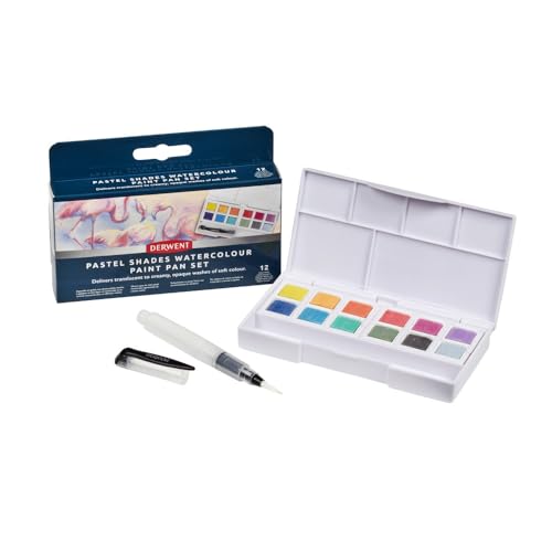 Derwent Pastell Aquarellfarben-Set, 12-teiliges Set, halbe Farbnäpfchen-Größe, wasserlöslich, ideal zum Malen von Landschaften, professionelle Qualität, Reisegröße, 2306247 von Derwent