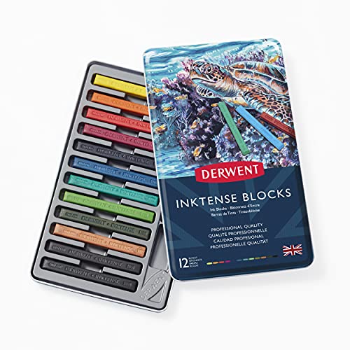 Derwent Inktense 12 Tintenblöcke, Set mit 12 Wasserfarben, Breite 8 mm, wasserlöslich, ideal zum Zeichnen, Ausmalen, Basteln und Malen auf Papier und Stoff, professionelle Qualität (2300442) von Derwent